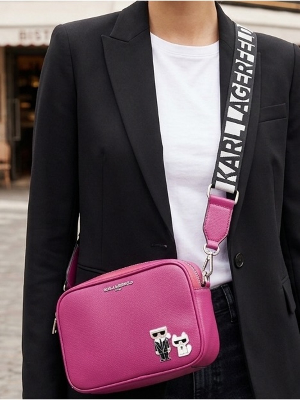 Karl Lagerfeld Hot Pink Crossbody Maybelle Bag with Karl & Choupette Charm